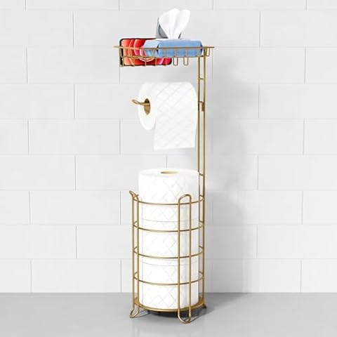 Goozii Gold Free Standing Toilet Paper Holder Stand with Phone Shelf, Floor Bathroom Tissue Holder for Large Mega Rolls, Metal Freestanding Toilet Paper Roll Holder with Wipes Storage Tray Cover