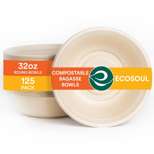 Eco Soul 100% Compostable 32 Oz Soup Bowls [125-Pack] Disposable Sturdy Bowls I Heavy Duty Paper Bowl I Eco-Friendly Salad Bowl I Biodegradable Large Bowls #TOP14