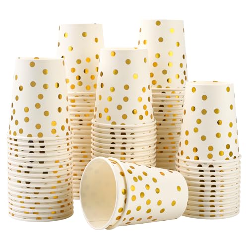 CEILIWEN Confezione da 100 bicchieri di carta da festa in oro nero, 9 oz/250 ml, per bevande calde e fredde (bianco-oro)