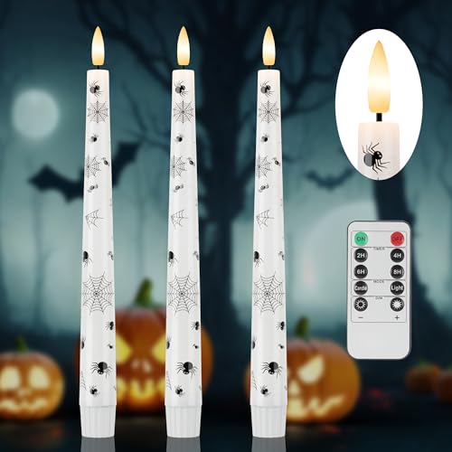 Image of Halloween Candles with Spider Web, Spider, 9.6 inchReal Wax Flameless Taper Candles with Remote & Timer, 3 Pack Battery Operated Halloween Led Candlesticks for Party Home Decor
