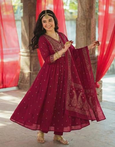 Image of GoSriKi Rust Anarkali Kurta Set for Women with Dupatta | Cotton Kurti Set for Woman | Embroidered Anarkali Suit for Women Kurti Pant Set with Dupatta | Suit Set for Women Latest