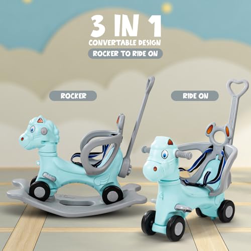 Image of Raffy 3 in 1 Baby Rocking Horse for Kids | Push Ride On Toy Kids Car with Push Handle,Balance Board & Safety Guardrail | Baby Rocker & Rocking Chair for 1-3 Years Babies (Light Blue)
