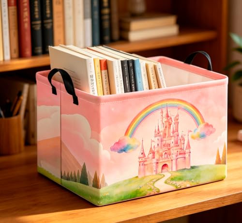 Image of CLOCOR Rectangular Storage Basket Empty,Gift Basket,Waterproof Storage Bin with Handles,Room Decor(Pink Castle)