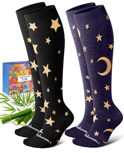 Lalapapa Bamboo Viscose Compression Socks for Women Men - 2 Pairs 15-20mmHg Knee High Graduated Compression Socks for Women Men Cute Breathable for Nurse Pregnancy Travel Moon & Stars S / M