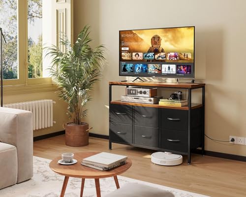 ODK Chest of Drawers Bedroom with 6 Drawers, Fabric Storage Drawers with 2 USB and 2 Sockets, Dresser Suitable for Bedrooms, Living Rooms, Sturdy Storage Dresser with Shelves, Retro Color