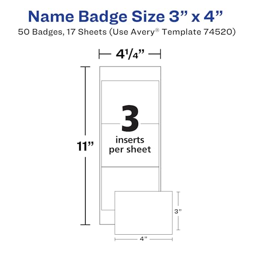 Image of Avery Customizable Name Badges, Cord Hanging Style, 3 inch x 4 inch, Laser /Inkjet Printable Name Tag Inserts, 50 Total (74520)