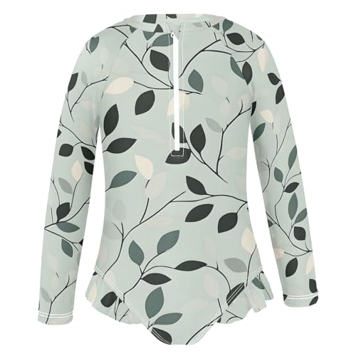Long Sleeve Girls Swimsuits One Piece Leaves Pastel Teal Long Sleeve Bathing Suit 3T2