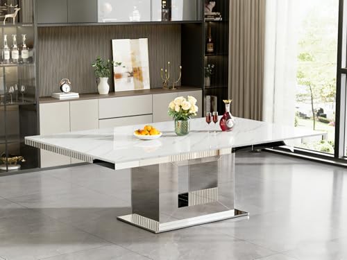 Image of 7-Piece Extendable Dining Table Set for 6, Modern 63 inch-94 inch White Marble Expandable Kitchen Table Set with 6 Velvet Chairs, Large Extendable Dining Room Tables with Mirrored U-Shape Base