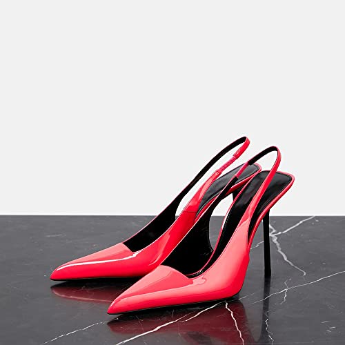 Image of THESHY Women's Pointed Toe High Stiletto Heels Slingback Stretch Slip-on Pumps Backless Patent Leather Fashion Dress Shoes for Women
