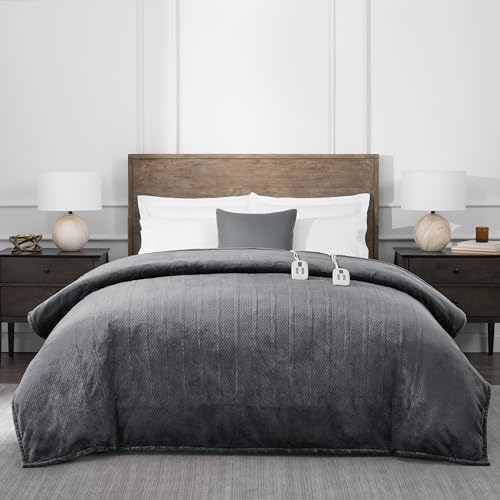Brookstone Electric Heated Comfort Plush Herringbone Blanket w/ 10 Heat Settings - Adjustable Timer - Dryer Safe - F/Q Blanket - Charcoal
