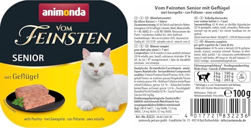 animonda Vom Feinsten Senior mit Geflügel (32 x 100 g), Senior Nassfutter für ältere Katzen ab 7 Jahren, Katzenfutter ohne Getreide und Zucker, mit 100 % frischen, fleischlichen Zutaten
