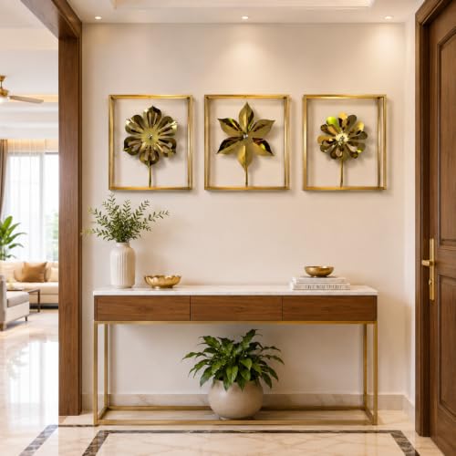 Image of Framing Hub - Metal Flower Wall Decor Set of 3 Gold Iron Leaf Floral Wall Art Decorative Hanging for Living Room Bedroom Home (16 x 16 Inch)