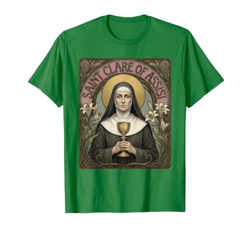 Saint Clare of Assisi Art Nouveau Catholic Icon Portrait T-Shirt, Men, Kelly Green, 3X-Large