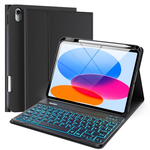 TECKNET Hülle mit Tastatur für iPad A16 11/10 Generation(2025/2022 11/10.9 Zoll) 7 Farben Beleuchtete Magnetische Abnehmbare Keyboard QWERTZ Schutzhülle mit Stifthalter für iPad 11./10. Schwarz