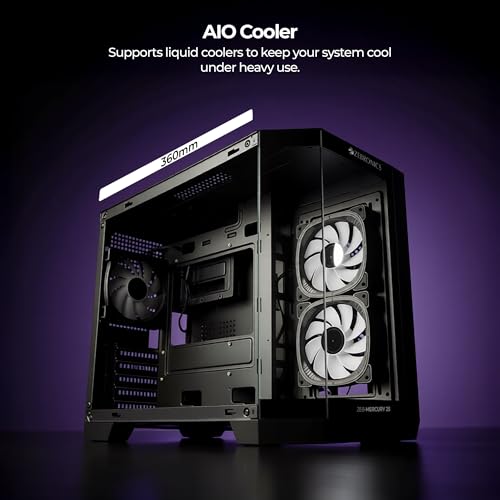 Image of Zebronics Cube Gaming PC Cabinet, mATX /ITX Support, 360mm Radiator Support, Mention 3 x 120mm ARGB Fans, 2 x Reverse Blade, Panoramic 3 Piece Temper Glass, Dual Chamber, Bottom Mount PSU (Mercury 25)