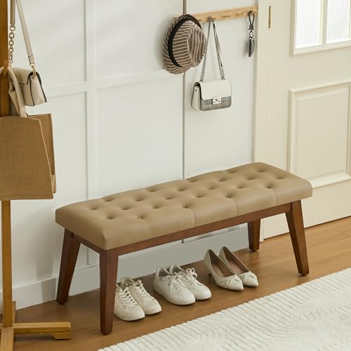 Image of 43.5'' Faux Leather Bedroom Bench, Upholstered End of Bed Bench with Tufted Button, Padded Vintage Dining Bench, Entryway Bench with Solid Wood Legs, Kitchen, Living Room, Hallway, Light Brown Tufted
