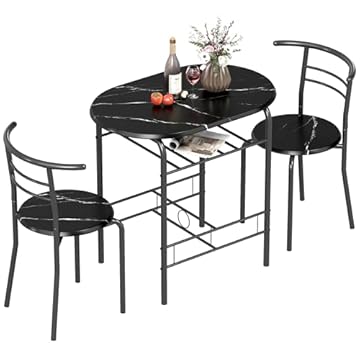 HOMCOM Dining Table and Chairs Set 3, Breakfast Bar Table and 2 Chairs with Storage Shelf, Marble-Effect Tabletop, Metal Frame, Dining Room Set for Living Room, Small Space, Black