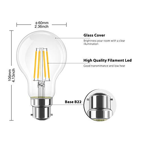 LVWIT B22 LED Filament Bayonet Bulb, 6.5W GLS Energy Saving Bulbs, Retro Glass A60 LED Bulbs,60W Equivalent, 806Lm, 2700K Warm White A60 Clear Filament Bayonet Cap,Non-dimmable (6 PCS) - Image 5