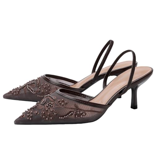 Image of Fashion Mesh Slingback Pumps Shoes for Women Ankle Strap Pointed Toe Pumps