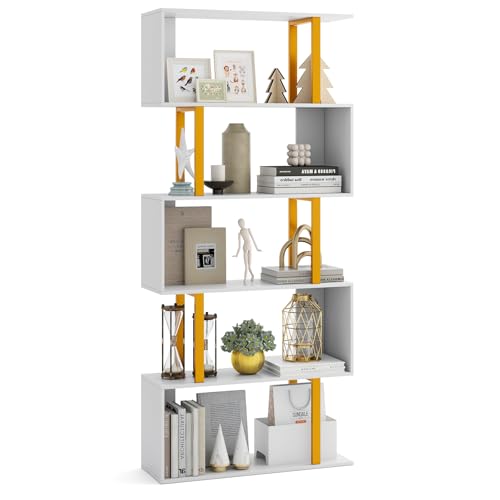 COSTWAY Bibliothèque en Forme de 'S' à 5 Niveaux, Étagère Géométrique de 157 cm, Cadre en Métal, Etagère de Rangement Moderne, Kits Anti-basculement, Charge 100...