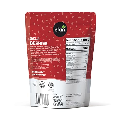 Elan Organic Dried Goji Berries, 4.9 oz, Sulphite-free, Non-GMO, Vegan, Gluten-Free, Kosher, Wolfberries, Healthy Snacks, Dried Fruit Snacks, Superfood