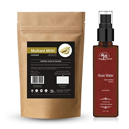 Image of Herb Essential Multani Mitti Powder and Rose Water (50gm, 100ml, Combo of 2)