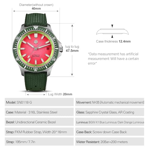 San Martin SN0118 Automatic Watch for Men, 40mm Sapphire Crystal Dive Watches 316L Stainless Steel 200M Water Resistant