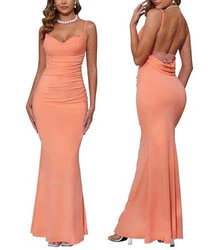 Image of Aigeman Women Spaghetti Straps Mermaid Evening Gown Wedding Guest Dress Drape Neck Lace Backless Formal Maxi Dress 21