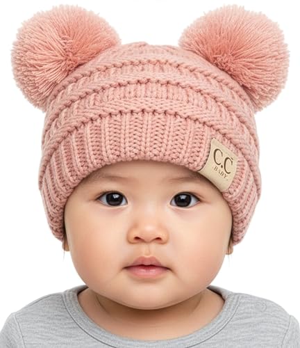 Image of Funky Junque Double Pom Pom Baby Beanie – Newborn Girl Winter Hat 0–12 Months, Cute Cozy Knit Infant Beanies for Cold Weather
