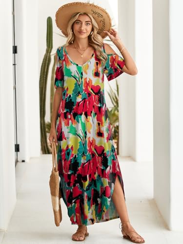 Image of BELAROI Womens Cold Shoulder Maxi Dress Plus Size V Neck Summer Sundresses with Pockets Beach Coverup Vacation Outfits