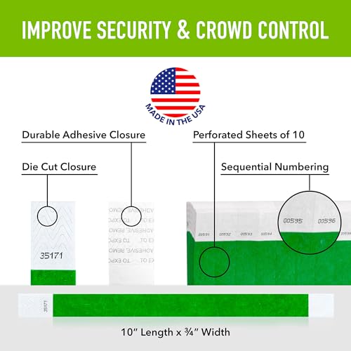 Image of 500 WristCo Kelly Green Tyvek Wristbands for Events - Comfortable Tear Resistant Paper Bracelets ID Wrist Bands for Concerts Festivals Admission Party Identification