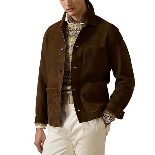 Suede Leather Jacket Men Real Lambskin Suede Casual Leather Jackets For Men - Mens Suede Jacket (US Alpha Large Regular Regular Brown)