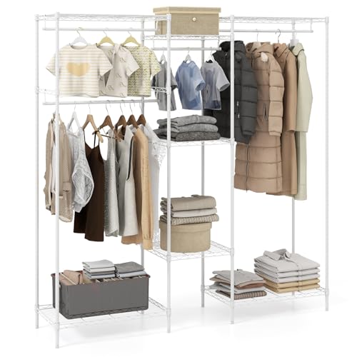 COSTWAY offener Kleiderschrank mit 7 verstellbaren Metall-Drahtregalen & 4 Kleiderstangen, 2 in 1 Kleiderständer L-Form als Eckregal, Kleiderorganizer Metallrahmen 188 x 46 x 198 cm (Weiß)