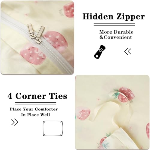 Image of Strawberry Duvet Cover Set Queen Size Kawaii Strawberry Printed on Cream White Bedding Set with 2 Pillowcases 3Pcs Kids Cute Fruit Reversible Microfiber Comforter Cover for Girls Women