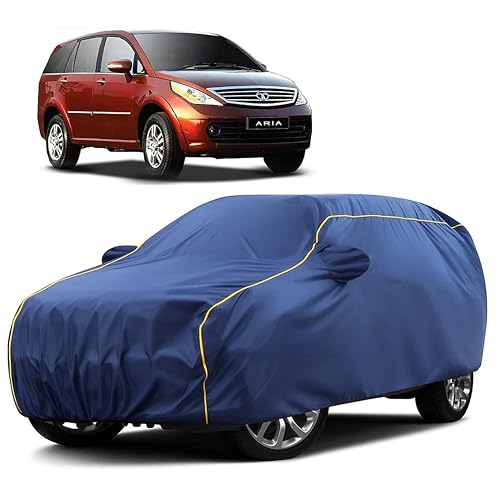 Image of Sulfar 100% Water Resistant Car Body Cover Compatible with Mirror for Tata Aria (Triple Stitched, Full Bottom Elastic, Blue Taffeta with Yellow Piping)