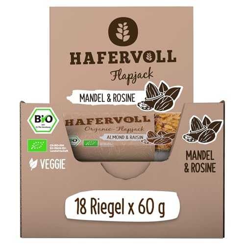 HAFERVOLL Organic Flapjack Almond & Raisin, 18 x 60 g Müsliriegel - Bio-zertifiziert, mit Honig ohne Zusatz von Zucker, Hafer, im Ofen gebacken