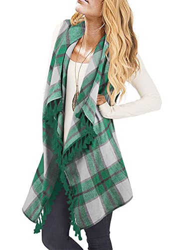Inorin Chaleco tipo cárdigan sin mangas con dobladillo asimétrico con borlas y frente abierto para mujer, Z-verde oscuro., M