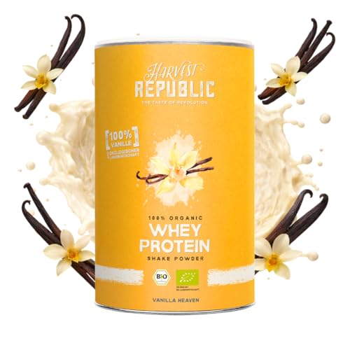 HARVEST REPUBLIC Bio Whey Protein Pulver Vanille | 320 g Eiweiß Proteinpulver aus Molke | Molkenproteine für Muskelaufbau | bis zu 22 g Protein pro Portion | Bio Proteinpulver ohne Zusatzstoffe
