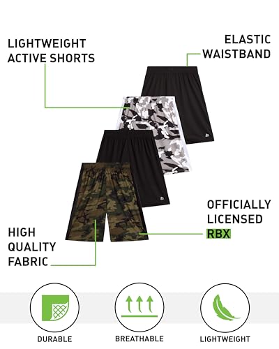 RBX Boys Athletic Shorts - 4 Pack Performance Fleece Mesh Boys Shorts for Running, Gym, Basketball and Sports (Sizes: 8-16)2