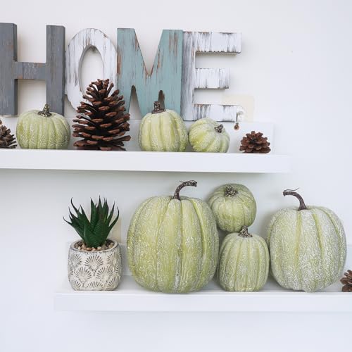 Image of Winlyn 7 Pcs Assorted Sizes Artificial Green Pumpkins Decorative Green Whitewashed Faux Foam Pumpkins for Halloween Thanksgiving Farmhouse Fall Autumn Harvest Home Mantel Table Centerpiece