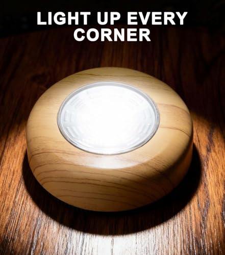 Image of Wood Grain LED Puck Light, 6 Pack Wireless Tap Light Battery Operated, 6000K Daylight White Push Light for Under Cabinet, Closet, Wardrobe, Shelf