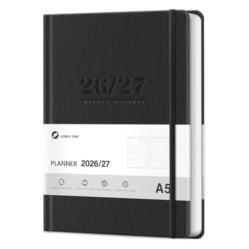 Lonely Oak A5 Academic Diary 2026-2027 Week to View Daily Weekly Planner 5.75 x 8.4 13 Months Faux Leather School Year Monthly Calendar Diary from Jul.2026 to Jul.2027 for Student(Black)