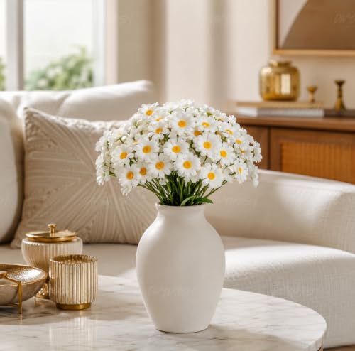 Image of Divyakosh Artificial Daisy Flowers Bunch for Home Decor, Pack of 5 with 150 White Flowers, Faux Floral Arrangement for Vase, Living Room, Wedding, Festive & Party Decoration