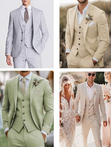 Men's 3 Piece Linen Suits Casual Lightweight Blazer Jackets Vest Pants Set for Wedding Business Prom Suit2