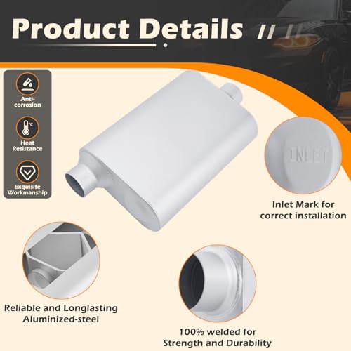 Image of A-KARCK Universal Exhaust Muffler 2.25 inch Offset Inlet 2.25 inch Dual Outlet, 17.3 inch Overall Length Aluminized Steel Aggressive Sound Race Muffler for Cars, Trucks