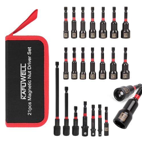 KAFUWELL 21PCS Nut Driver Set Magnetic, 1/4' Impact Drill Driver Bit Set, Metric and SAE, Impact Socket Adapters, Quick-Release Bit Holder with Storage Bag