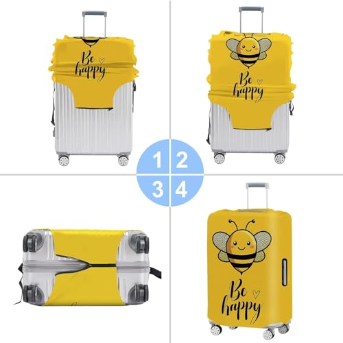 Image of Be Happy Bee Luggage Cover - Cute Yellow Travel Suitcase Protector with Motivational Quote - Stretchable Anti-Scratch Cover for 24-26 Inch Luggage,M