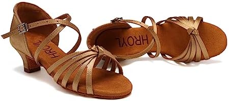 HROYL Women's Satin Latin Dance Shoes Low Heel Ballroom Salsa Tango Performance Dancing Shoes EM-XGG Beige 8 B(M) US | Image 1