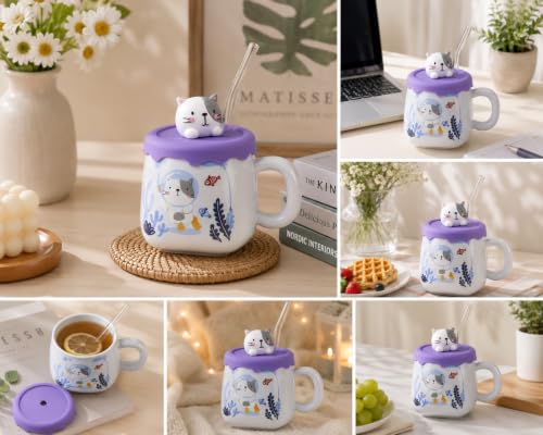 Image of Coffee Mug, Gift for Woman, Birthday Present for Girlfriend, Present for Wife Birthday, Mugs for Present, Holi Gifts, Panda Mug with Lid & Spoon Kids Milk Mug (Cat With Sea Fishes Purple)