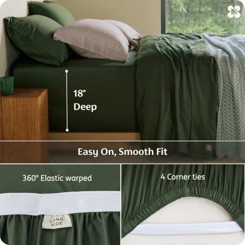 Image of Bedsure PureWoven 100% Viscose Derived from Bamboo, Queen Sheets, 3PCS | Organically Grown, 18 inch Deep Pocket, Cooling Fitted Sheet Set for Hot Sleepers, Luxury Silky Soft, No Flat Sheet, Olive Green